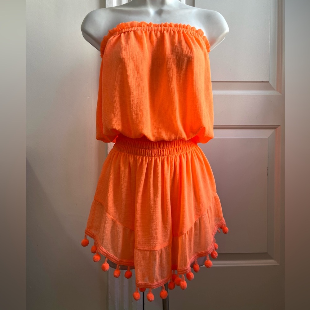 $245 RAMY BROOK MARCIE Mini Dress Pom-Pom Swim Cover-Up in Orange XS -SEE DESCR.